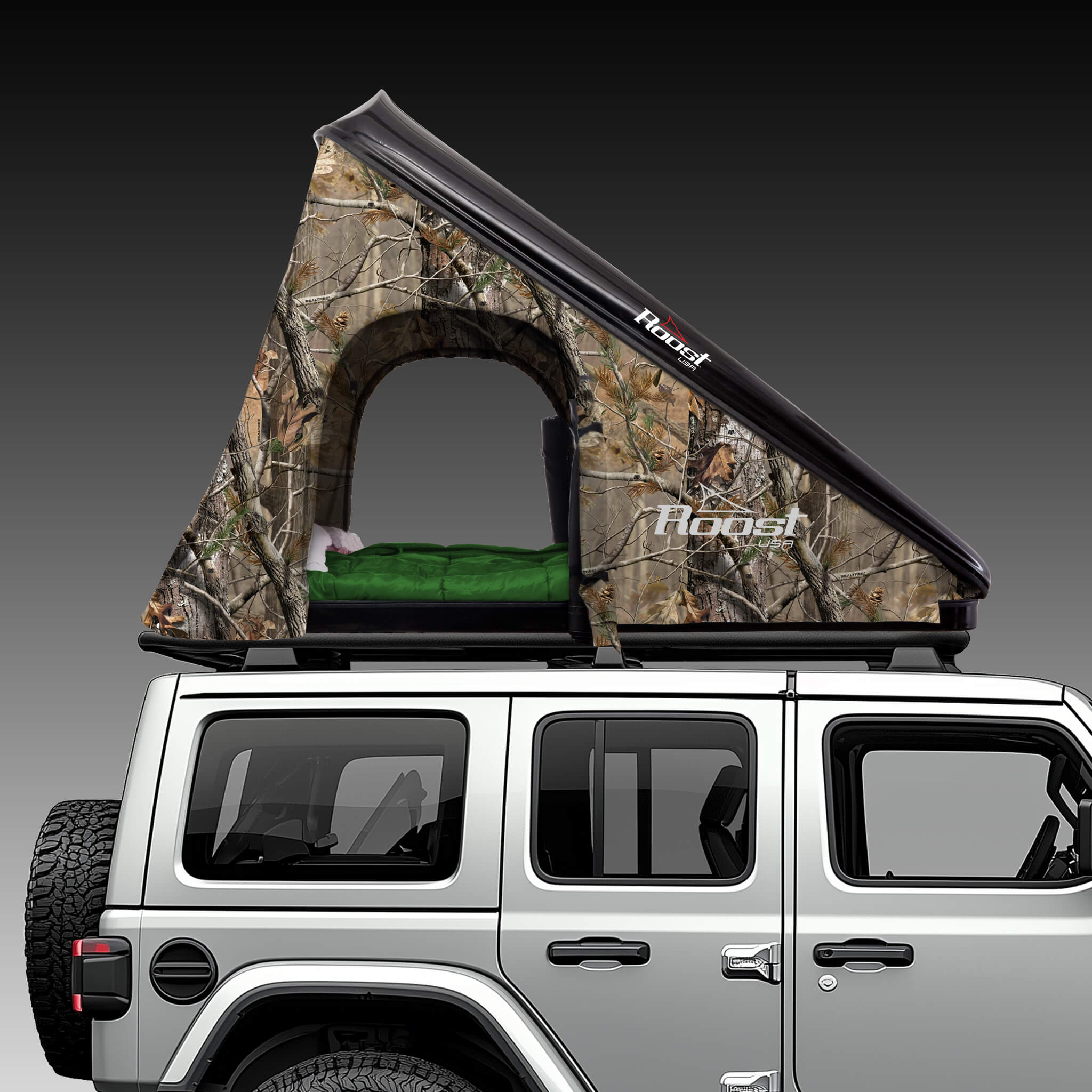 Roost Roof Top Tent Side View Realtree Camo Tent Black Shell#color_black-shell-camo-tent