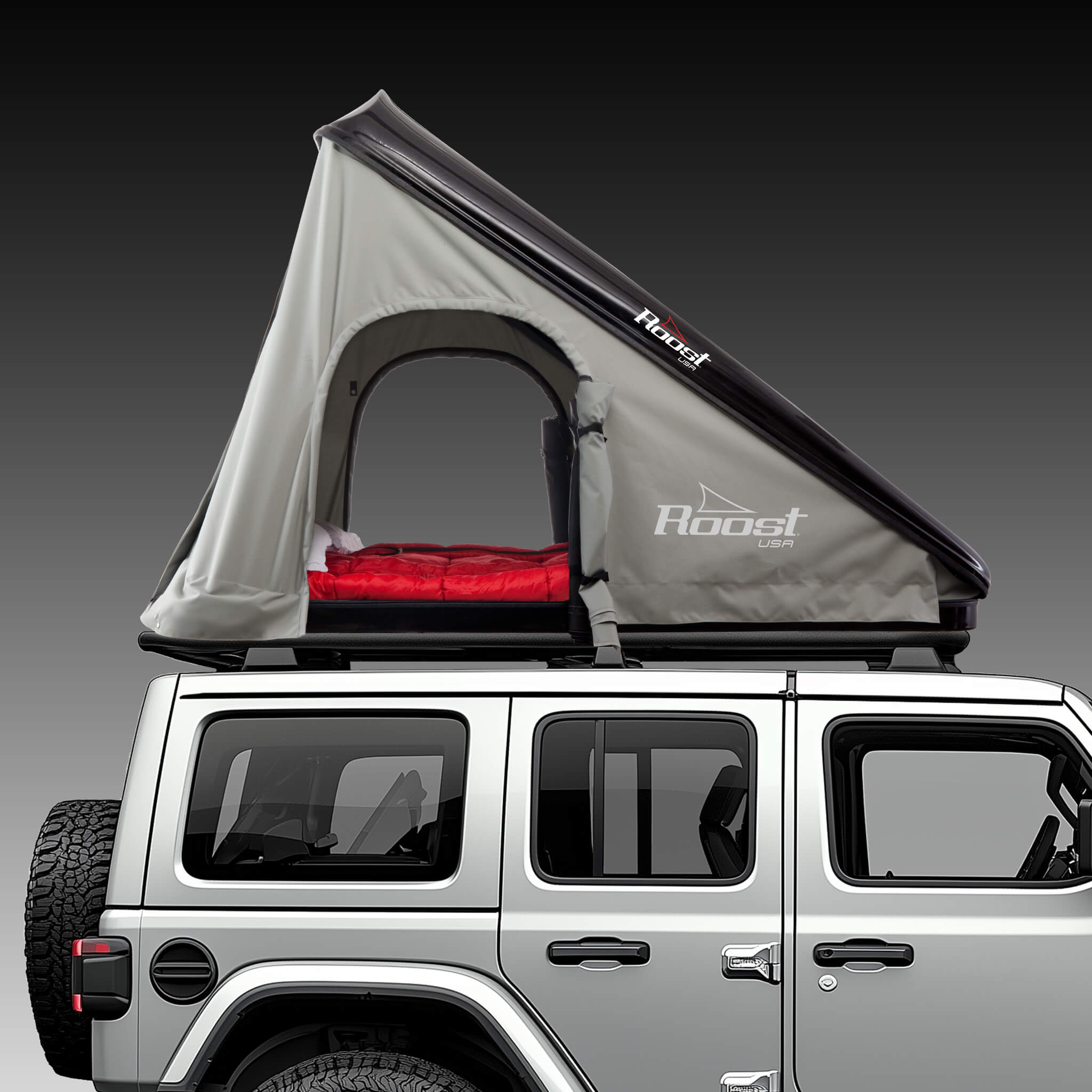 Roost Roof Top Tent Side View Gray Tent Black Shell