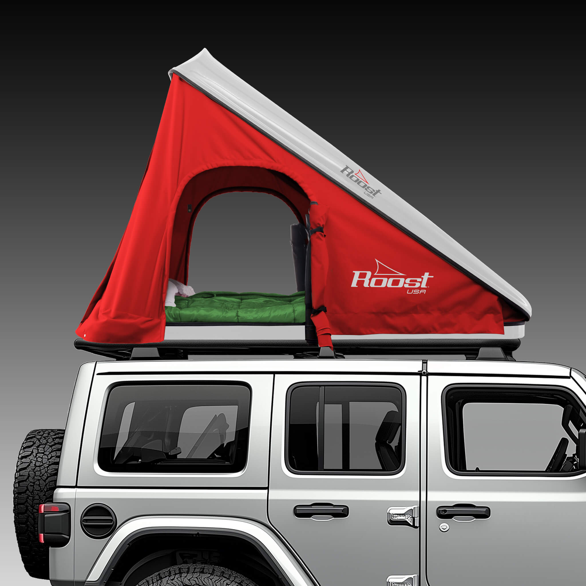 Roost Roof Top Tent Side View Red Gray Shell